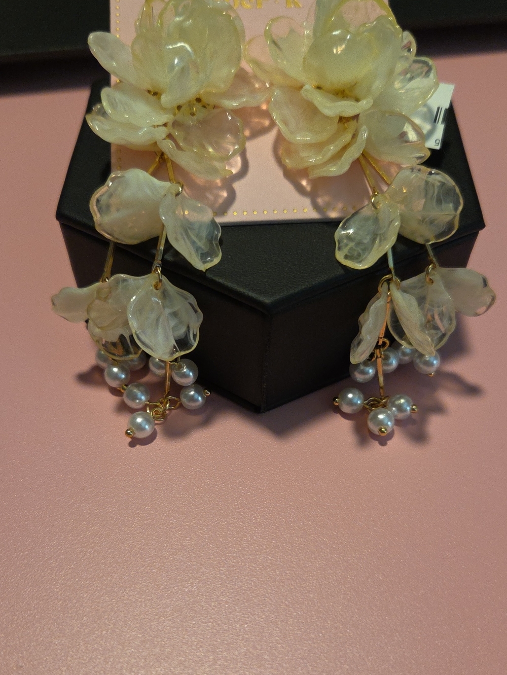Piper K  Gold-Tone Ivory Floral Resin Drop Earrings with Pearl Accents - Picture 4 of 11